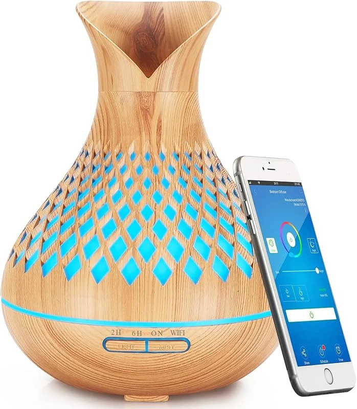 Difusor de óleos essenciais Alexa WiFi, humidificador aroma inteligente de 400 ml, suporta APP e controlo de voz, lâmpadas de fragrância LED de 7 cores, criar horários, temporizador, sem BPA, branco