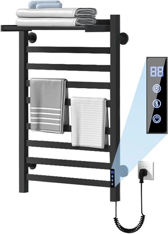 Toalheiro elétrico preto de 650 x 450 mm com ecrã táctil LED, aquecedor de toalhas de temperatura regulável — Aquecimento